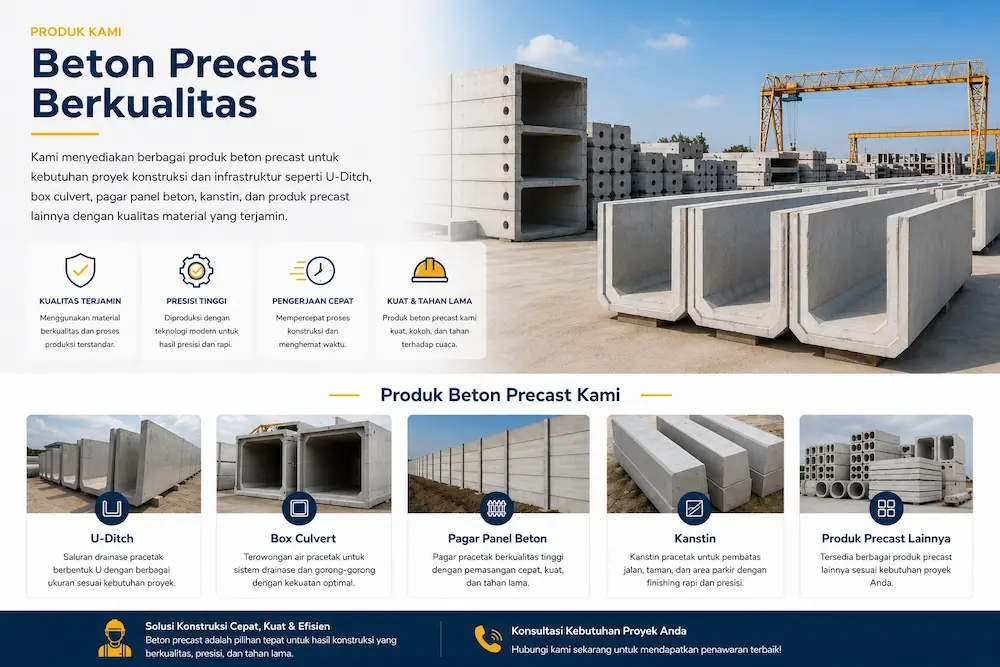 Supplier Beton Ready Mix Berkualitas PT Artha Kontraktor Produk Beton Berkualitas Meliputi U-Ditch, Box Culvert, Pagar Panel Beton, Dan Kanstin Untuk Proyek Konstruksi.